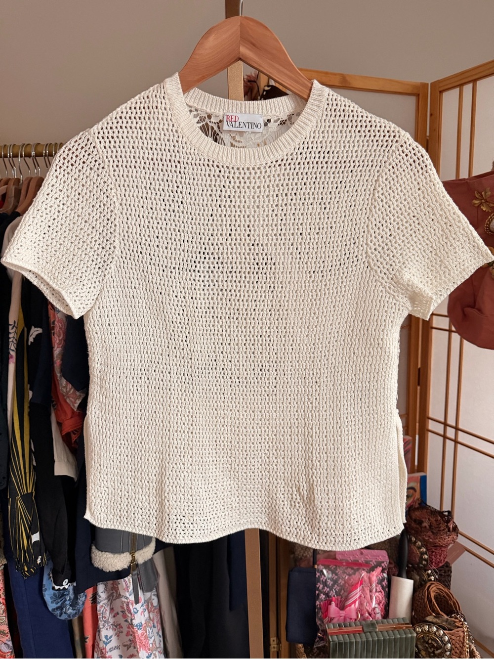 RED Valentino Ivory Cotton Open Knit Lace Back Peplum Top Size S